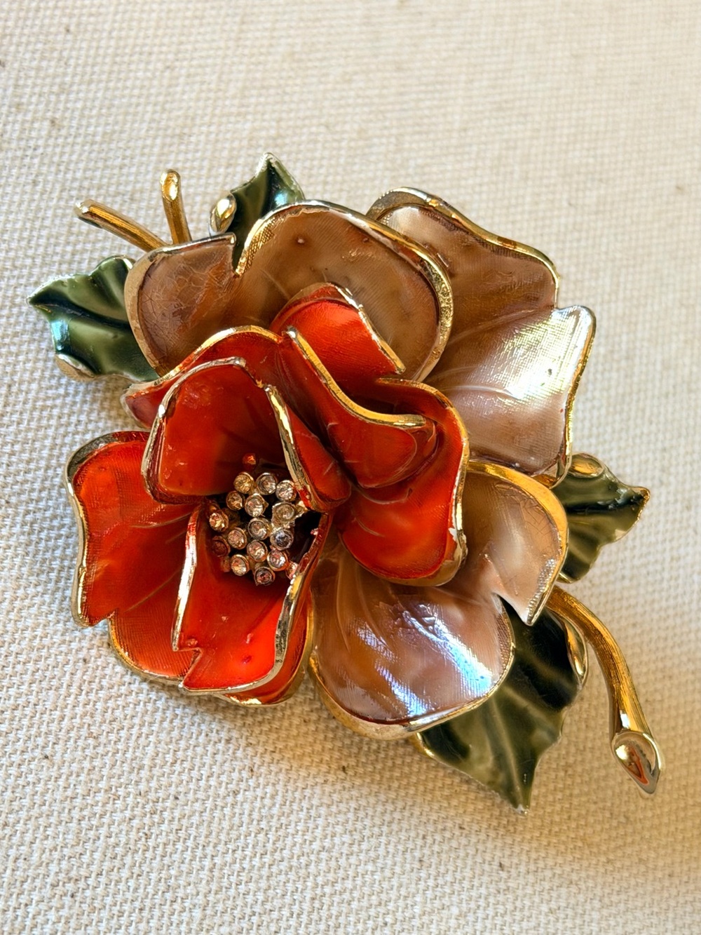 Rare Vintage Vendome 3D Orange Enamel Flower Brooch SIGNED